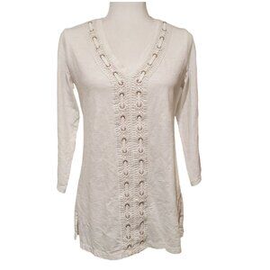 JM Collection White Crochet Trim V-Neck 3/4 Sleeve Tunic Top Small 100% Cotton